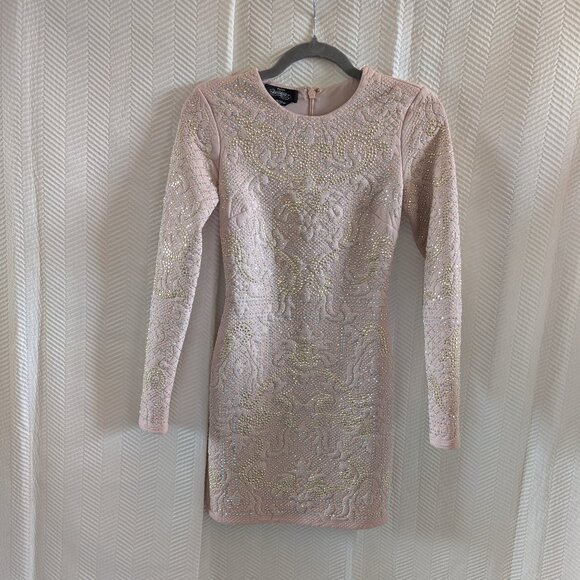 Bebe Addiction Dusty Rose Bejeweled Bodycon Mini Dress Long Sleeve Size XXS - Picture 4 of 12